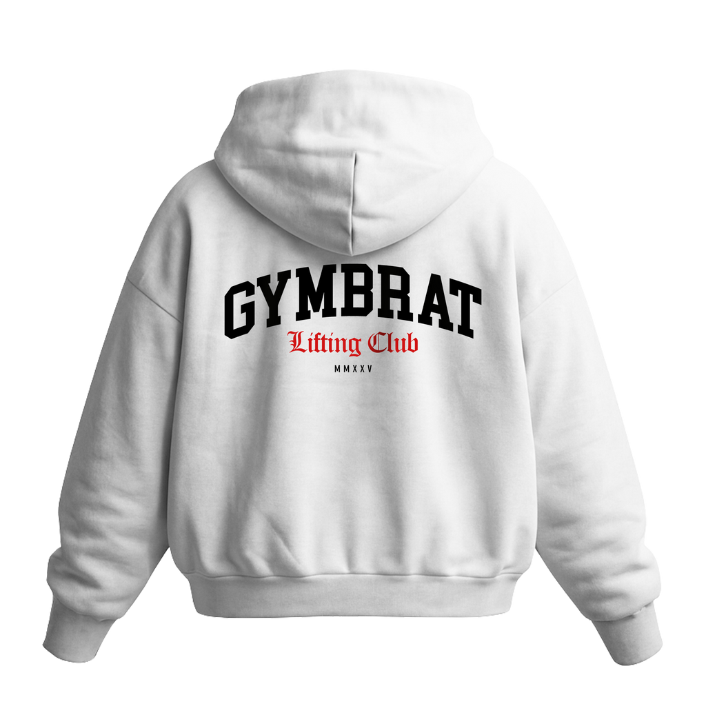 Gymbrat Athleisure Lifting Club Back White Oversized Zipper Hoodie