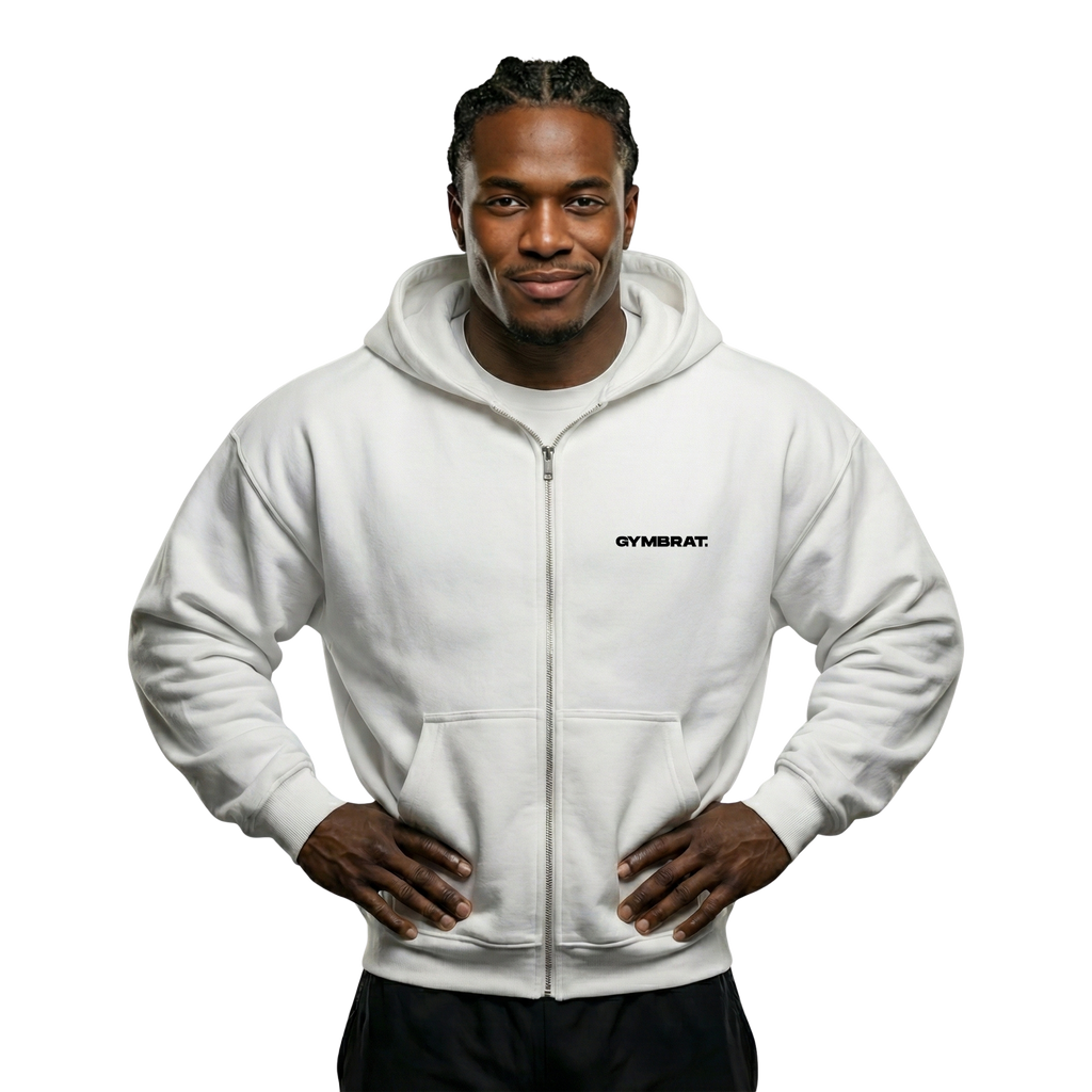 Gymbrat Athleisure Lifting Club Back White Oversized Zipper Hoodie